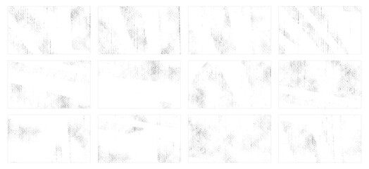 Overlay textures set stamp with grunge effect. Old damage Dirty grainy and scratches. Set of different distressed black grain texture. Distress overlay vector textures.	