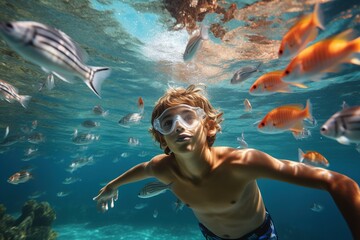 Fototapeta premium Boy snorkeling in a ocean, watching colorful fish.