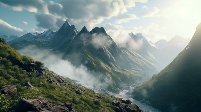 A misty mountain with rocky trails and breathtaking Generative Ai