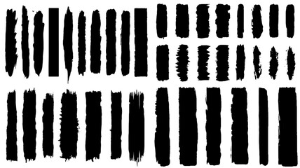 Paint brushstroke ink lines for text. Black paint splattered in dirty style brushstroke grunge splash. Isolated black ink stencils for design. Ink brush strokes, hand drawn black sticker. Vector	