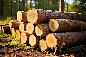 Felled and sawn tree trunks stacked on the outskirts of the forest.