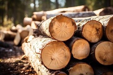 Felled and sawn tree trunks stacked on the outskirts of the forest.