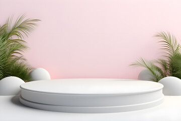 3D podium minimal mock up showcase with tropical plants palm trees, Presentation cosmetic products branding, Empty stage platform identity and packaging design, ai generate