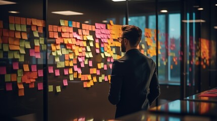 Web designer is working with brainstorming board full of sticky note from colleague. business teamwork concept picture.