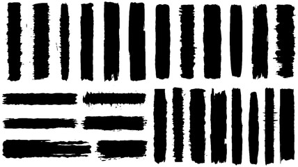 Paint brushstroke ink lines for text. Black paint splattered in dirty style brushstroke grunge splash. Isolated black ink stencils for design. Ink brush strokes, hand drawn black sticker. Vector	