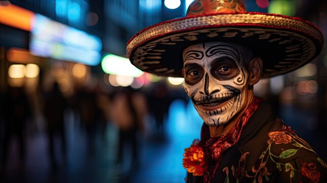 Portrait man wearing sombrero with sugar skull makeup AI Generative