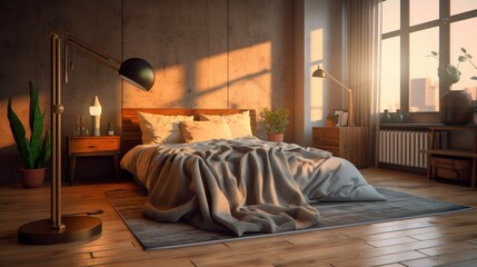 Bedroom with floor lamps Generative Ai - obrazy, fototapety, plakaty