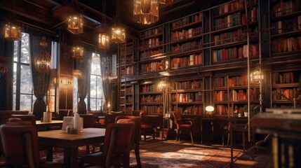 Burger restaurant with antique library decor Generative Ai