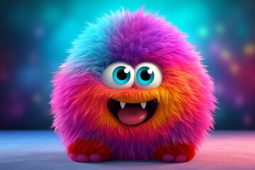Multicolored gradient fluffy furry funny 3D monster cartoon - obrazy, fototapety, plakaty