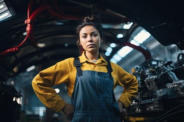 Female engineer worker in automotive factory.