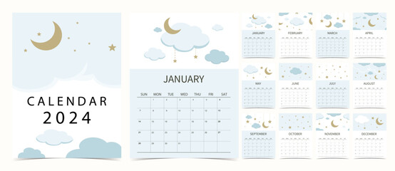 2024 table calendar week start on Sunday with moon that use for vertical digital and printable A4 A5 size