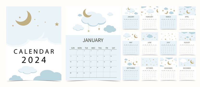 2024 Table Calendar Week Start On Sunday With Moon That Use For Vertical Digital And Printable A4 A5 Size