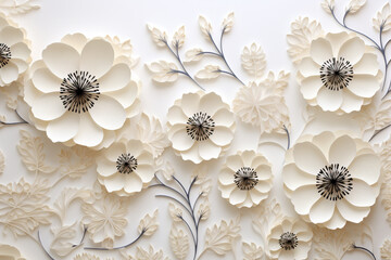 Paper cut flowers and leaves, Fresh spring nature background. Floral banner, poster, flyer template with copy space.