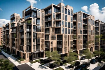 view of the city ,Flat roof with air conditioners on top modern apartment house building exterior mixed-use urban multi-family residential district area development. 