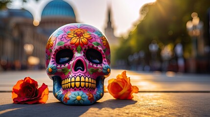 Portrait Skull with flower and candles AI Generative - obrazy, fototapety, plakaty