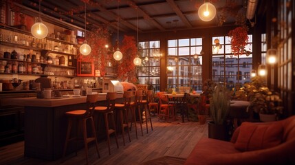 Fototapeta na wymiar A cozy coffee shop with warm lighting Generative Ai Generative Ai