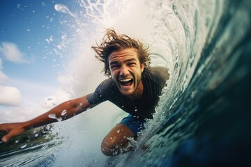 Young man on surfboard surfing.