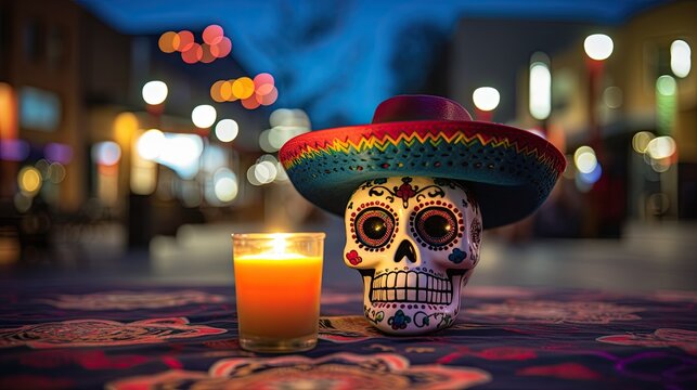 Portrait Skull with sombrero and candles AI Generative