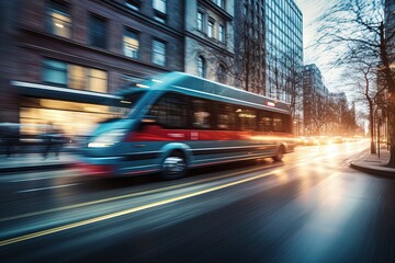 Fototapeta na wymiar Bus running on city streets, motion blur.