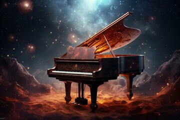 Piano with the universe as a background.