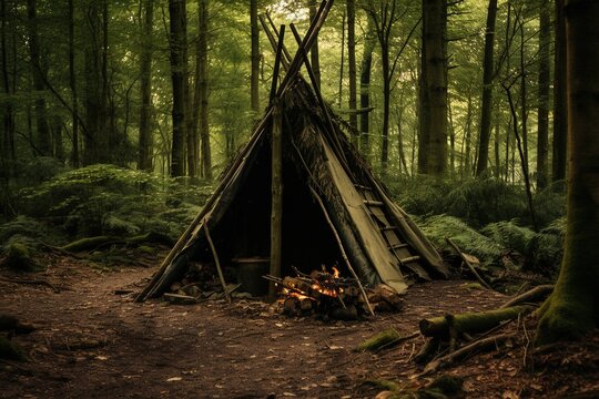 Bushcraft wickiup shelter in the forest.