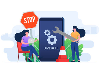 System maintenance, Error, Fixing trouble, Device updating, Software system under maintenance vector illustration, Software upgrade process on smartphone, System update, People update operation system