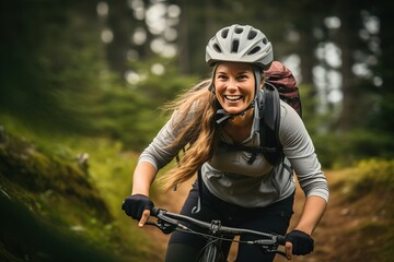 Smiling woman mountain biking in forest.