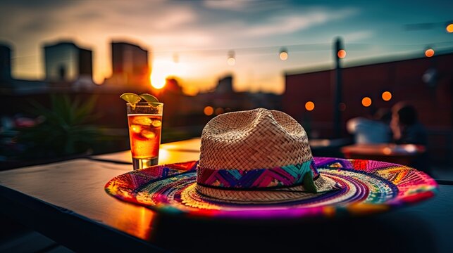 Fresh cocktail with sombrero hat on the table AI Generative