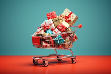Shopping cart filled with different presents for Chirstmas.