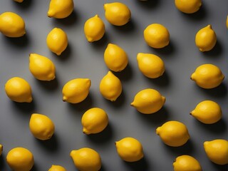 Trending colors of 2023. Yellow illuminating lemons on Ultimate gray tablecloth. Isometric view minimal still life.