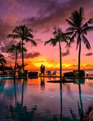 a couple of men and women watching the sunset on a tropical beach in Mauritius with palm trees by the swimming pool, Tropical sunset on the beach in Mauritius.