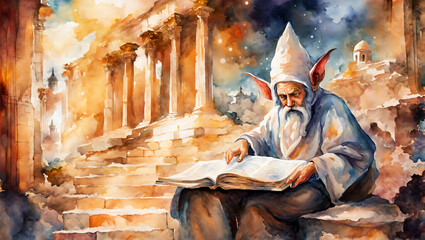 Old Sage reading on ancient temple