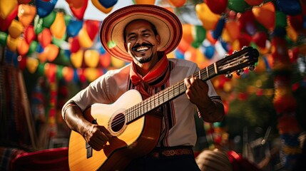 Obraz premium Portrait man wearing sombrero playing guitar AI Generative