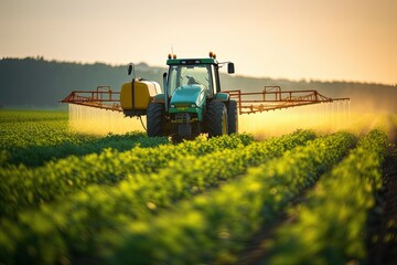 Tractor spraying pesticides fertilizer on soybean crops farm field in spring evening.