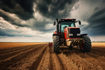 Foto auf Acrylglas Tractor with harrow in the field against a cloudy sky. © Bargais