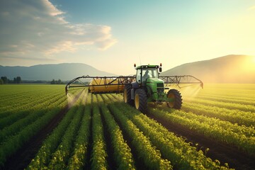 Tractor spraying pesticides fertilizer on soybean crops farm field in spring evening. - obrazy, fototapety, plakaty