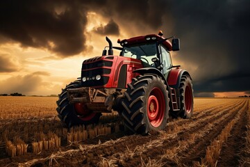 Obraz premium Tractor with harrow in the field against a cloudy sky.