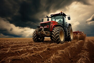 Fototapeta premium Tractor with harrow in the field against a cloudy sky.