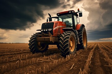 Obraz premium Tractor with harrow in the field against a cloudy sky.
