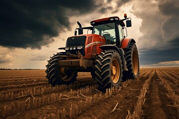 Tractor with harrow in the field against a cloudy sky.