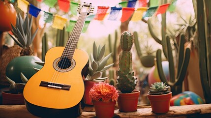 Portrait Guitar with cactus and bunting AI Generative