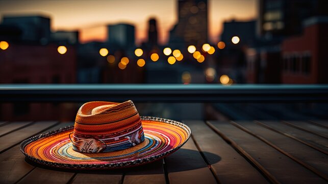 Portrait sombrero hat on the wooden table AI Generative