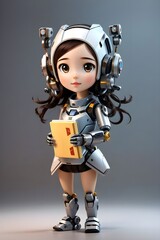 Adorable advanced robot character in the form of a young girl holding a book