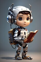 Adorable advanced robot character in the form of a young boy holding a book