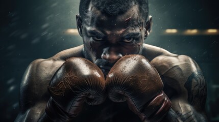 Fototapeta na wymiar Champion black boxer in the ring gloves raised, Intense look, muscular body, generative ai