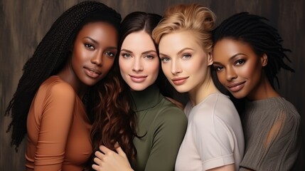 Obraz premium Diverse women, skincare, Four multiethnic attractive girls in close portraiture, generative ai