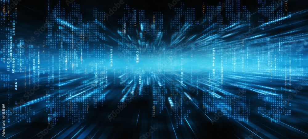 Poster Blue digital binary data on computer screen background. Banner.