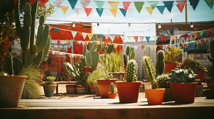 Fototapeta na wymiar Cactus plant in the pots with colorful bunting AI Generative