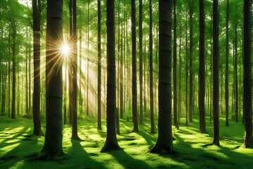 Sunlight shining in the green forest.
Generative AI