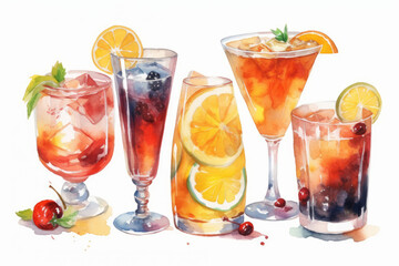 Watercolor Painting of Different Type of Cocktails, art, vibrant, artistic, brushstrokes, visual, cocktail enthusiasts, decoration, bar, cocktail menus, artwork, elegance, creativity.